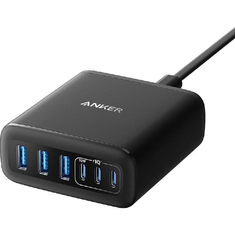 Anker Desktop Charger (GaN), PowerIQ 3.0, 112 Watts, 6 USB (3X USB-C/3X USB), Black