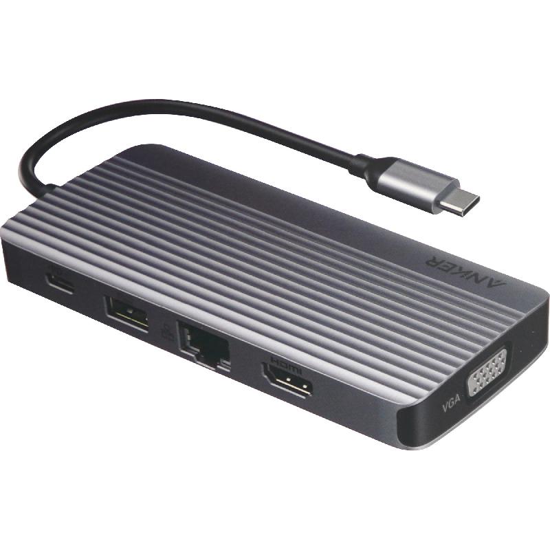 Anker Multi-port Station, USB-C, 10 Port (HDMI/VGA/RJ-45/3X USB-A/USB-C/USB-C PD/SD/TF, Grey
