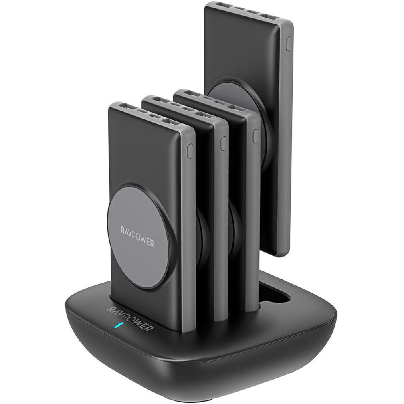 RAVPower Family Charging Combo 4 X 10000 mAh Power Bank with Magpower Station, PD Fast Charging, 4 X 10000 mAh, 4 USB (2X USB/1X USB-C/1X Micro USB), Black