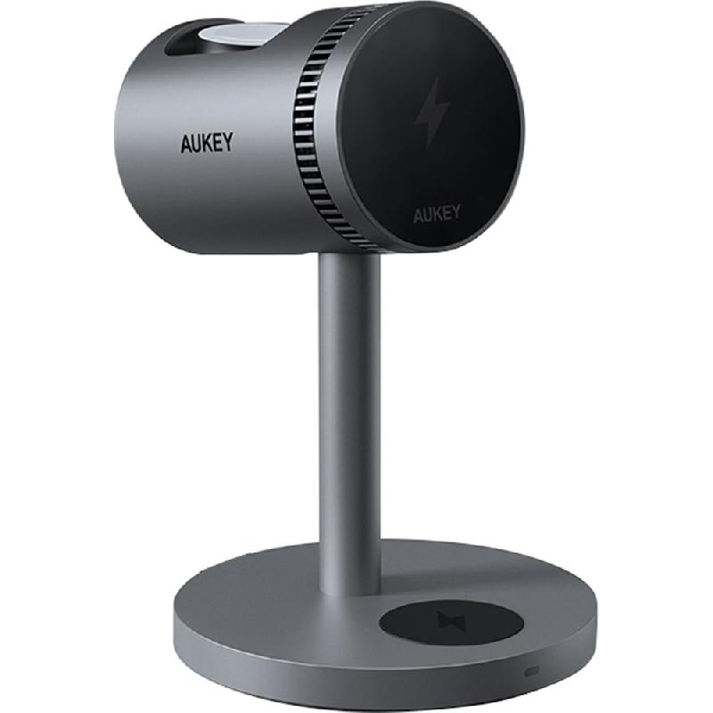 Aukey MagFusion 3-in-1 Pro Magnetic Fast Wireless Charging Station with Active Cooling, Qi2, 15 Watts, Grey