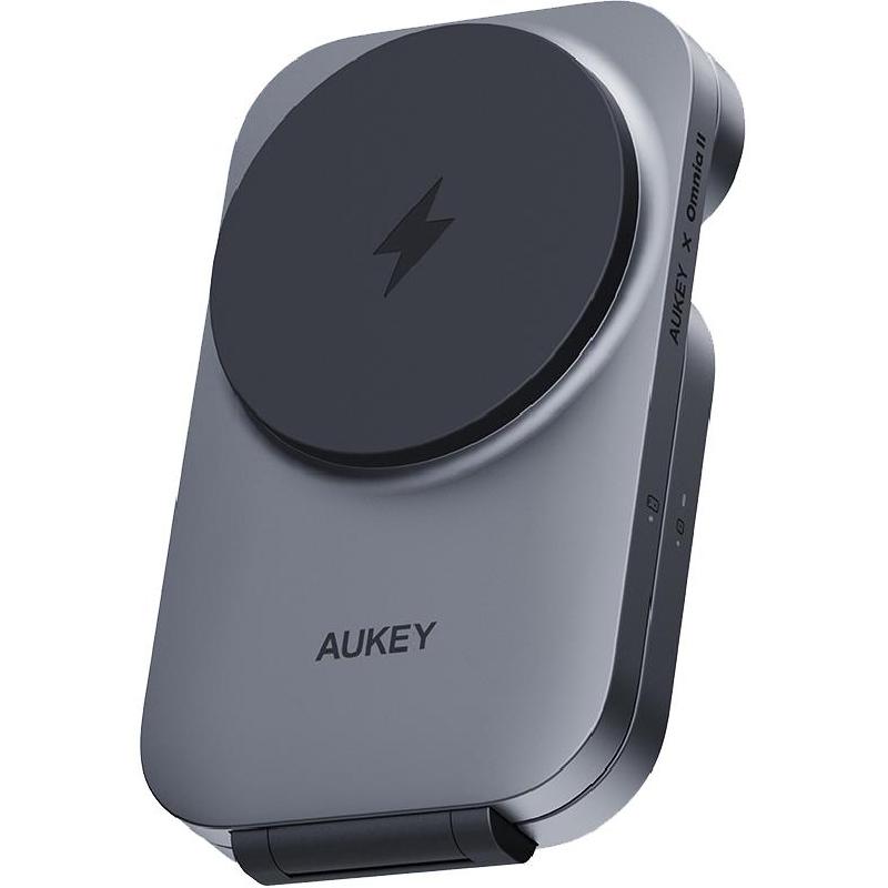 Aukey MagFusion Foldable 3 in 1 Magnetic Wireless Charger, Qi2, 15 Watts, Single USB-C, Grey