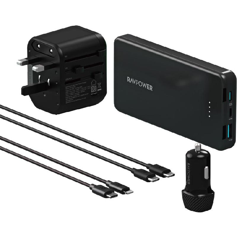 RAVPower 5-IN-1 Travel Combo Bundle with Wall Charger;USB-C to USB-C Cable;USB-C to Lighting;Car Charger, Fast Battery Charging, 10000 mAh, Black