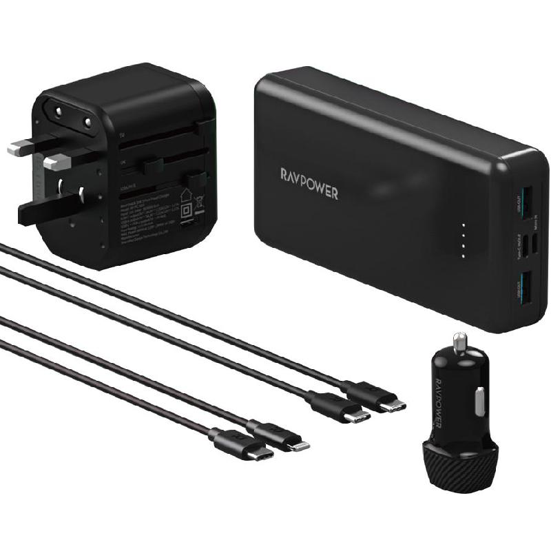 RAVPower 5-IN-1 Travel Combo Bundle with Wall Charger;USB-C to USB-C Cable;USB-C to Lighting;Car Charger, Fast Battery Charging, 20000 mAh, 4 USB (2X USB/2X USB-C), Black