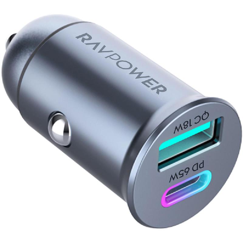 RAVPower PD Pioneer 65W 2-Port GaN Car Charger, USB PD (Power Delivery), 65 Watts, Dual USB (USB-A/USB-C), Grey