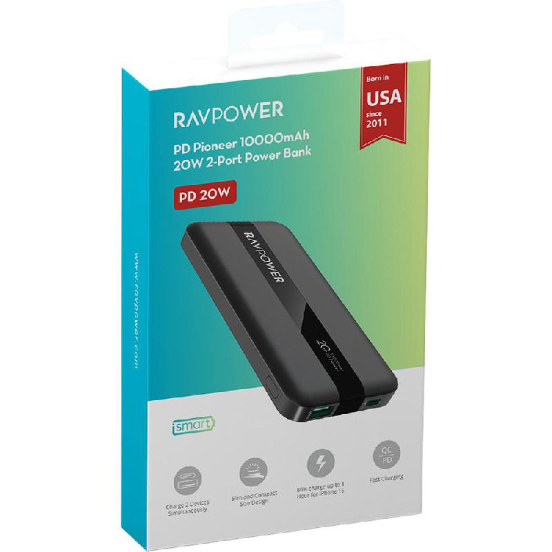 RAVPower PD Pioneer 10000 mAh 20W PD 2-Port Powerbank, PD Fast Charging, 10000 mAh, Dual USB (USB (QC 3.0)/USB-C PD), Black — 2