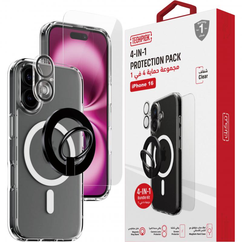 Techpick 4-in-1 Protection Pack MagSafe Hard Case + Tempered Glass + Camera Lens Protector + Magnetic Stand Smartphone Case Bundle, for iPhone 16, Clear