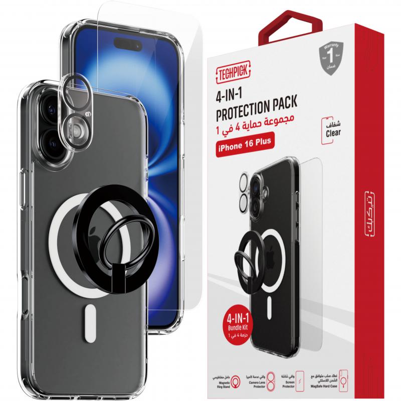 Techpick 4-in-1 Protection Pack MagSafe Hard Case + Tempered Glass + Camera Lens Protector + Magnetic Stand Smartphone Case Bundle, for iPhone 16 Plus, Clear