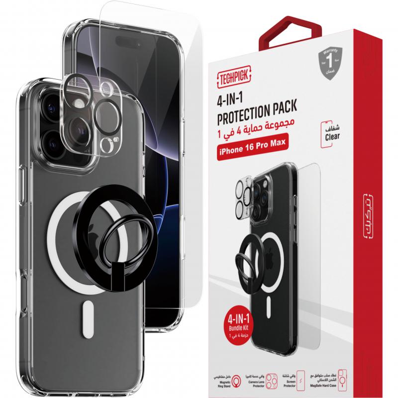 Techpick 4-in-1 Protection Pack MagSafe Hard Case + Tempered Glass + Camera Lens Protector + Magnetic Stand Smartphone Case Bundle, for iPhone 16 Pro Max, Clear