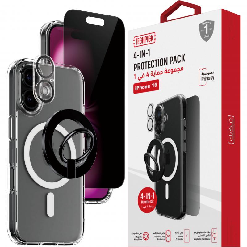 Techpick 4-in-1 Protection Pack Clear Case + Privacy Tempered Glass + Camera Lens Protector + Magnetic Stand Smartphone Case Bundle, for iPhone 16, Clear