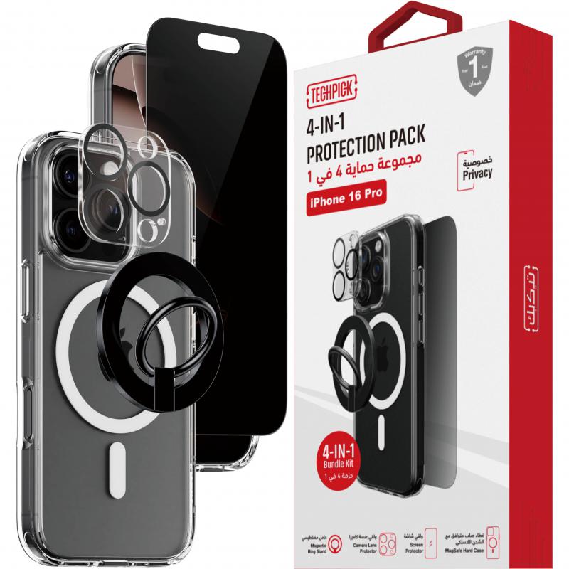 Techpick 4-in-1 Protection Pack Clear Case + Privacy Tempered Glass + Camera Lens Protector + Magnetic Stand Smartphone Case Bundle, for iPhone 16 Pro, Clear