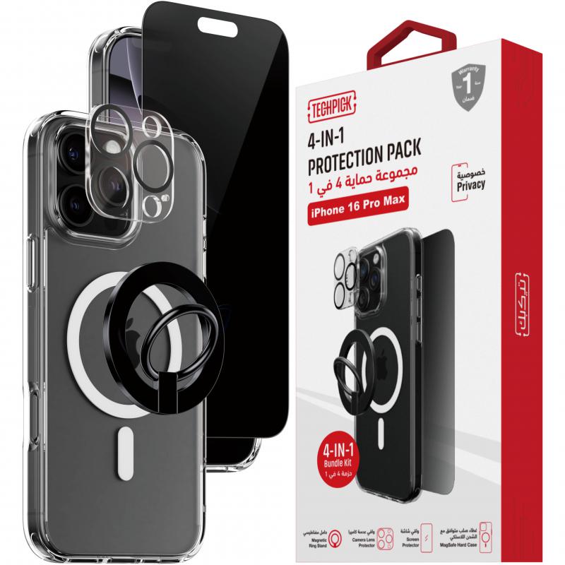 Techpick 4-in-1 Protection Pack Clear Case + Privacy Tempered Glass + Camera Lens Protector + Magnetic Stand Smartphone Case Bundle, for iPhone 16 Pro Max, Clear