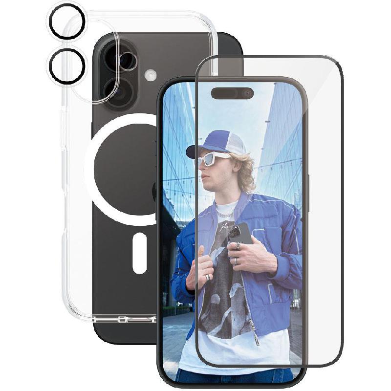 PanzerGlass 3-in-1 Pack CARE MagSafe Case + Ulta-Wide Fit Screen Protector + Hoops Camera Lens Protector Smartphone Case Bundle, for iPhone 16, Clear