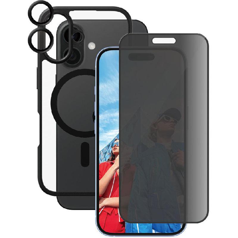 PanzerGlass 3-in-1 Pack CARE Black Frame Case + Privacy Screen Protector + Hoops Camera Lens Protector Smartphone Case Bundle, for iPhone 16, Black