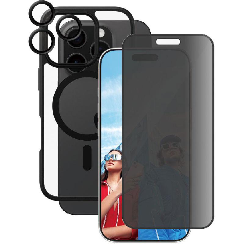 PanzerGlass 3-in-1 Pack CARE Black Frame Case + Privacy Screen Protector + Hoops Camera Lens Protector Smartphone Case Bundle, for iPhone 16 Pro, Black