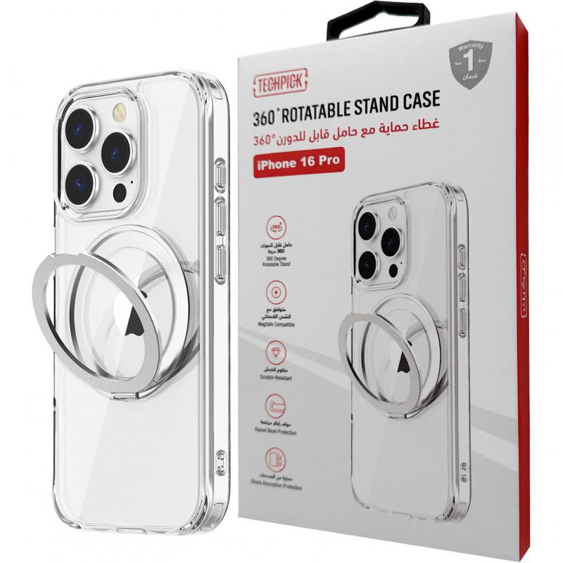 Techpick 360 Degrees Rotating Back Cover Mobile Case with MagSafe, for iPhone 16 Pro, Clear