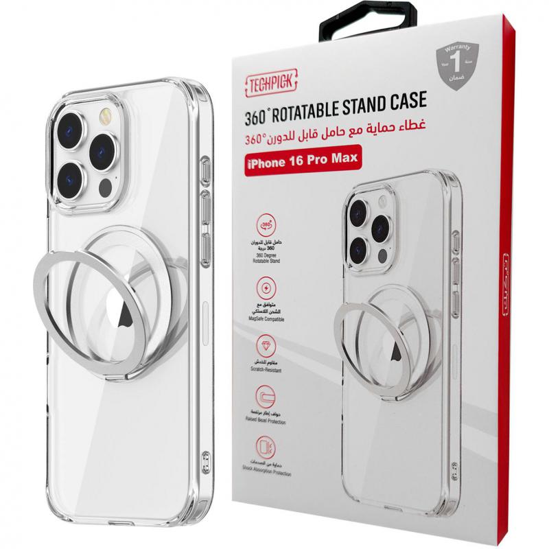 Techpick 360 Degrees Rotating Back Cover Mobile Case with MagSafe, for iPhone 16 Pro Max, Clear
