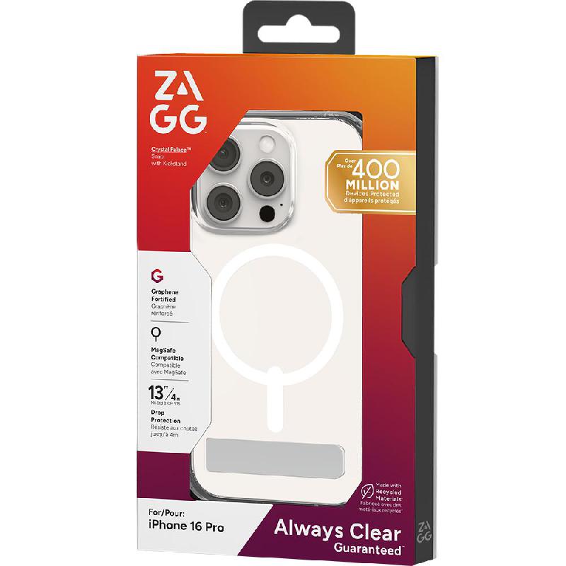 Zagg Crystal Palace Snap Kick Back Cover Mobile Case with MagSafe, for iPhone 16 Pro Max, Clear — 2