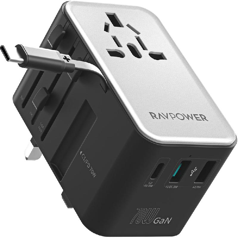 RAVPower RP-PC1061 70W 3-Port GaN Travel Charger with built-in USB-C Cable Universal Power Adapter