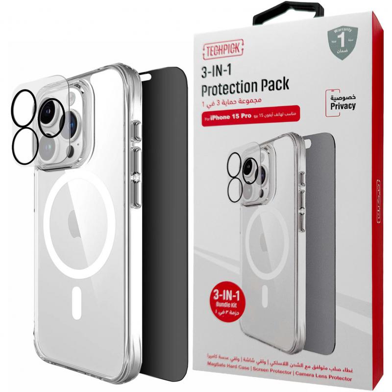 Techpick 3-in-1 Protection Pack MagSafe Hard Case + Privacy Tempered Glass + Camera Lens Protector Smartphone Case Bundle, for iPhone 15 Pro, Clear
