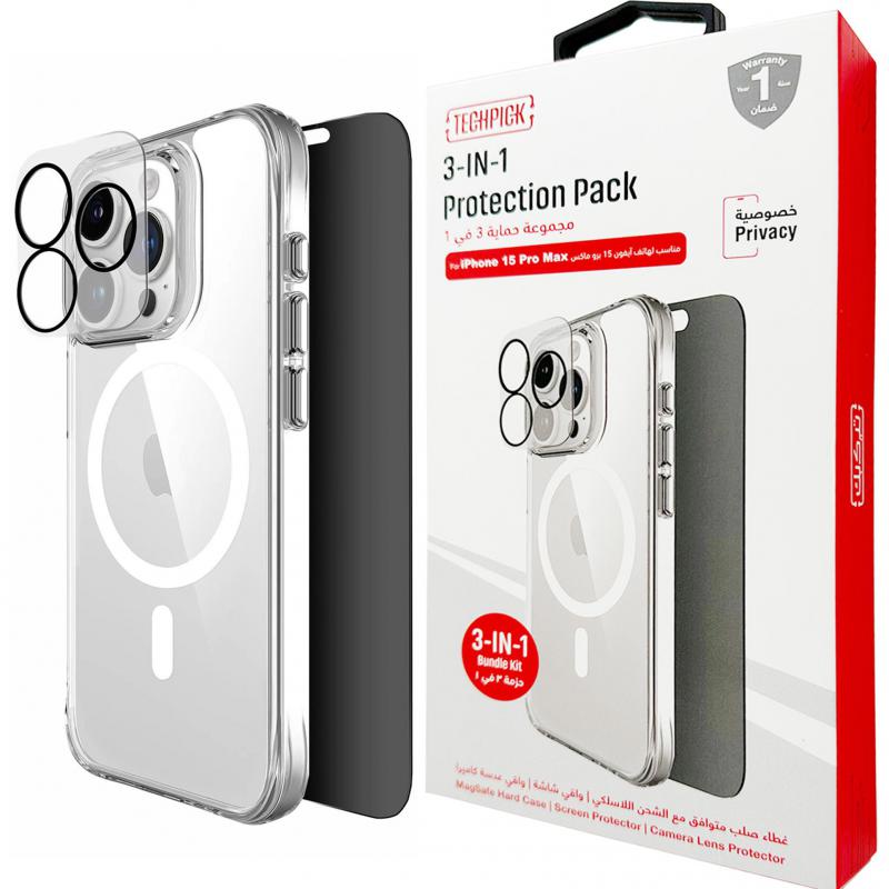 Techpick 3-in-1 Protection Pack MagSafe Hard Case + Privacy Tempered Glass + Camera Lens Protector Smartphone Case Bundle, for iPhone 15 Pro Max, Clear