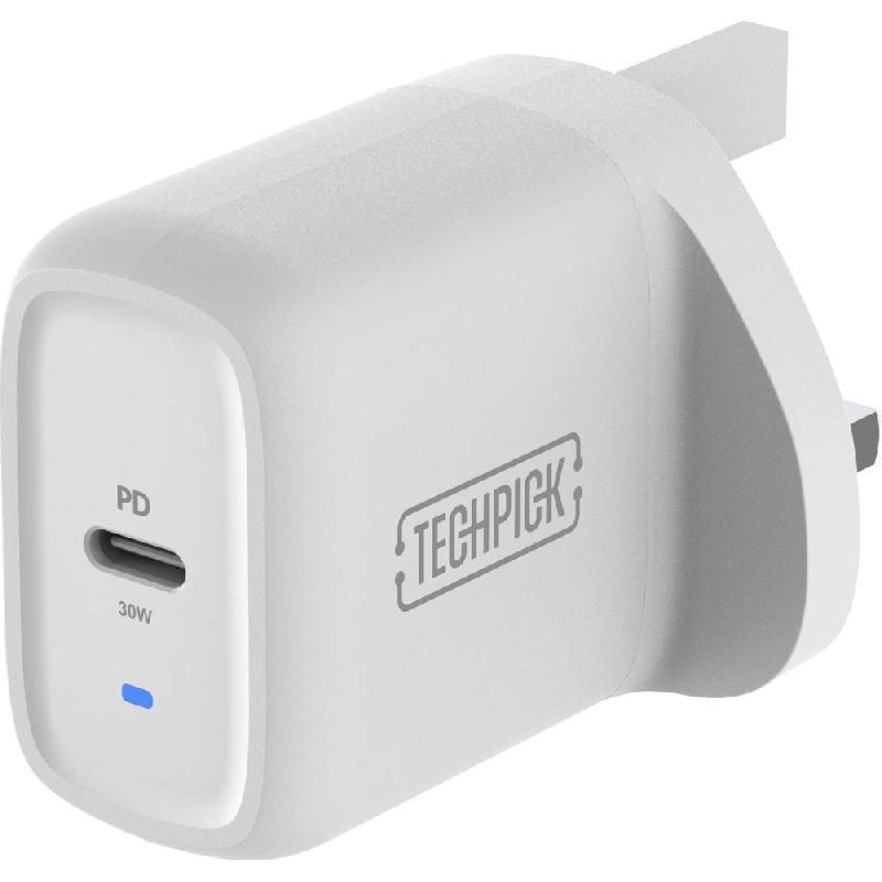 Techpick USB-C PD 3.0 PPS Wall Charger, USB PD (Power Delivery), 30 Watts, Single USB-C, White