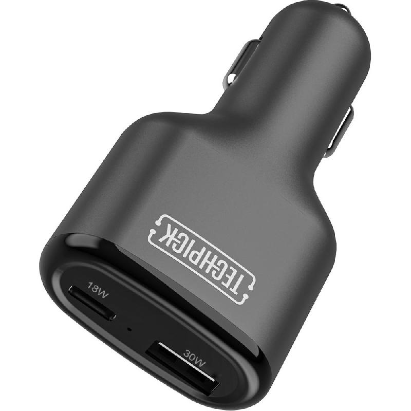 Techpick Car Charger, USB PD (Power Delivery), 48 Watts, Dual USB (USB-C (PD)/USB-A), Black — 2