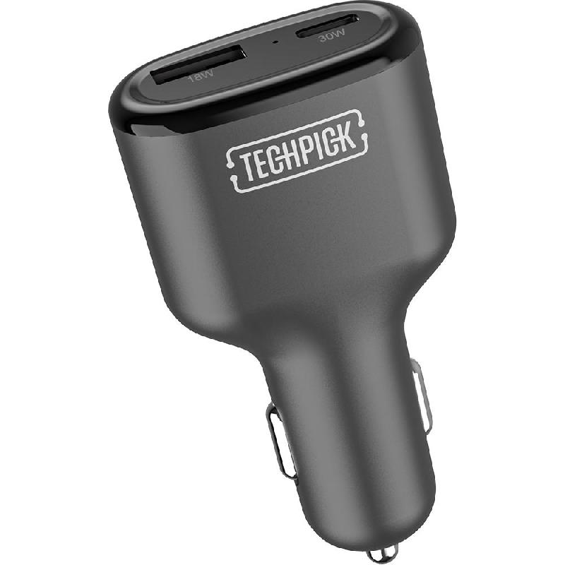 Techpick Car Charger, USB PD (Power Delivery), 48 Watts, Dual USB (USB-C (PD)/USB-A), Black