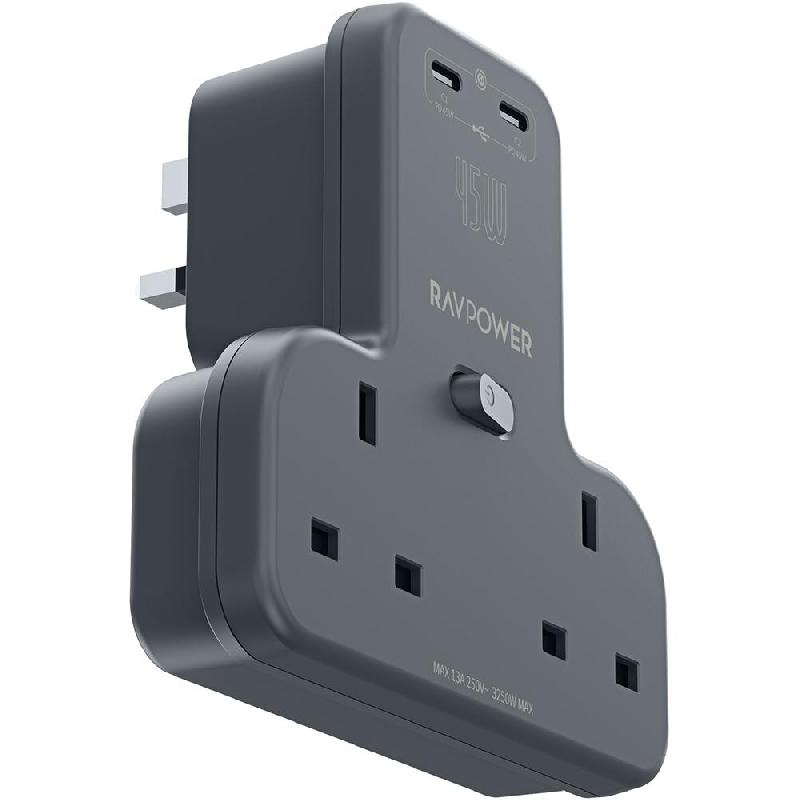 RAVPower RP-PC1065 Power Outlet Extender with 2 AC Outlets and 2 USB-C, USB PD (Power Delivery), 45 Watts, 4 Ports (2X AC/2X USB-C), Grey