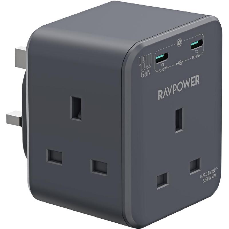 RAVPower RP-PC1066 Power Outlet Extender with 3 AC Outlets and 2 USB-C, USB PD (Power Delivery), 45 Watts, 5 Ports (3X AC/2X USB-C), Grey
