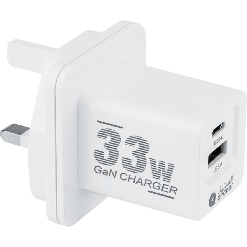 ALFANAR Wall Charger Dual-Port GaN Adapter with PD and QC4+, USB PD (Power Delivery), 33 Watts, Dual USB (USB-C (PD)/USB-A), White