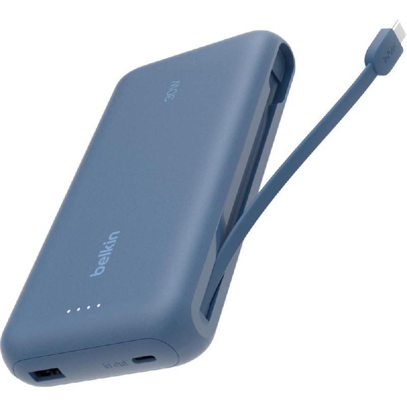Belkin BoostCharge Power Bank 20000 mAh with Integrated Cable, PD Fast Charging, 20000 mAh, 2 USB (1X USB/1X USB-C), Blue