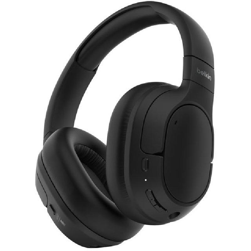 Belkin SoundForm Isolate Over-Ear Headphones, Active Noise Cancelling, Bluetooth/Wired (Optional), USB (Charging), Built-in Microphone, Black