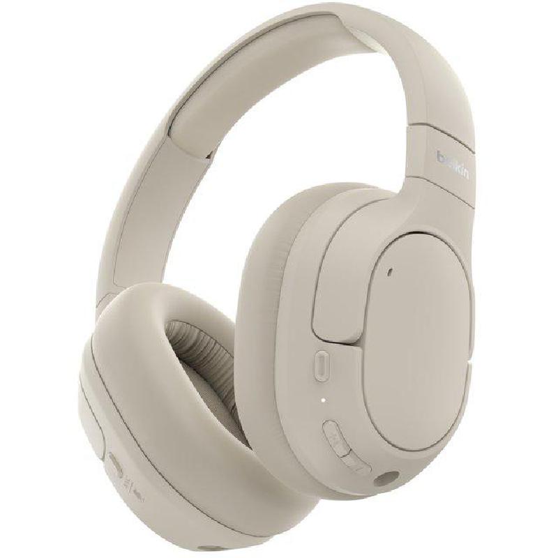 Belkin SoundForm Isolate Over-Ear Headphones, Active Noise Cancelling, Bluetooth/Wired (Optional), USB (Charging), Built-in Microphone, Sand