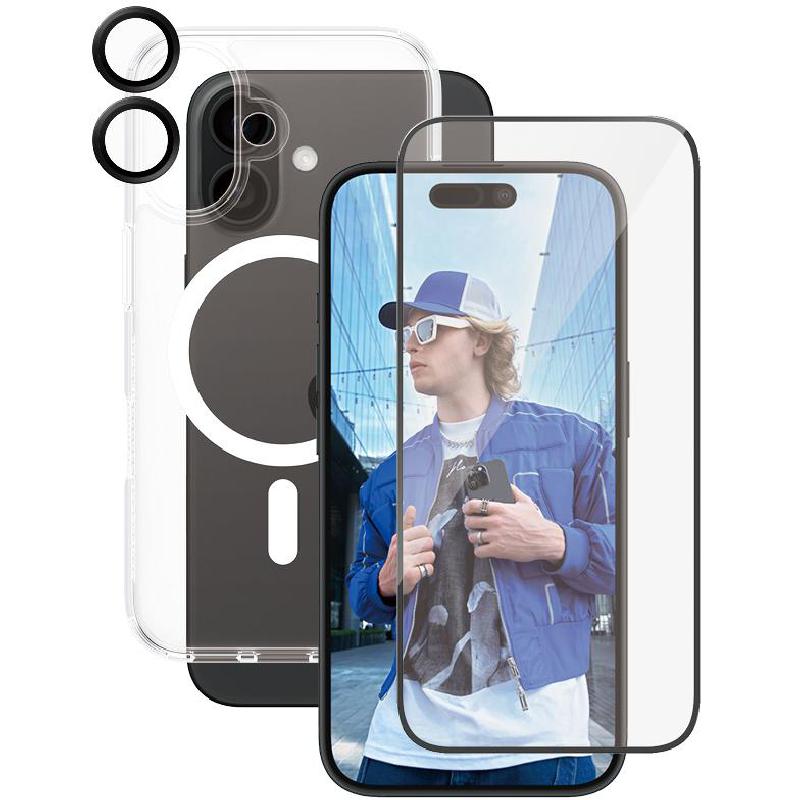 PanzerGlass 3-in-1 Pack Hard MagSafe Case + Ulta-Wide Fit Screen Protector + Hoops Camera Lens Protector Smartphone Case Bundle, for iPhone 16, Clear