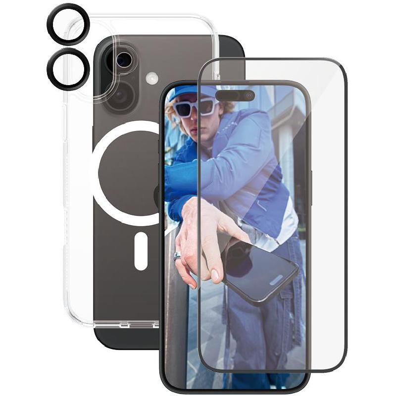PanzerGlass 3-in-1 Pack Hard MagSafe Case + Ulta-Wide Fit Screen Protector + Hoops Camera Lens Protector Smartphone Case Bundle, for iPhone 16 Plus, Clear