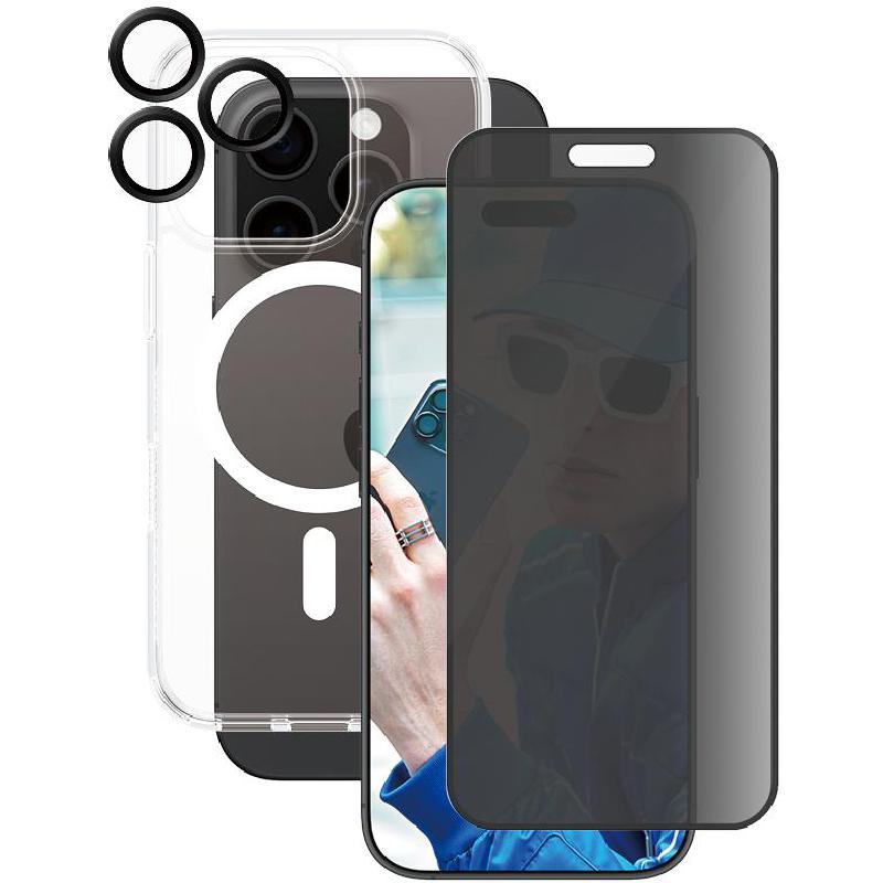 PanzerGlass 3-in-1 Pack Hard MagSafe Case + Privacy Screen Protector + Hoops Camera Lens Protector Smartphone Case Bundle, for iPhone 16 Pro, Clear