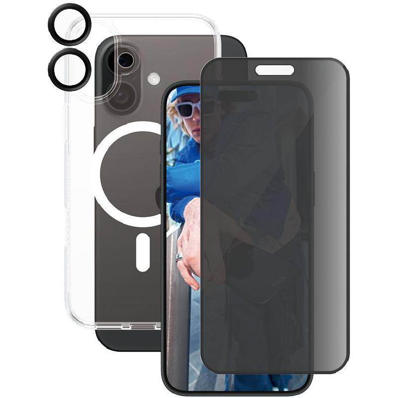 PanzerGlass 3-in-1 Pack Hard MagSafe Case + Privacy Screen Protector + Hoops Camera Lens Protector Smartphone Case Bundle, for iPhone 16 Plus, Clear