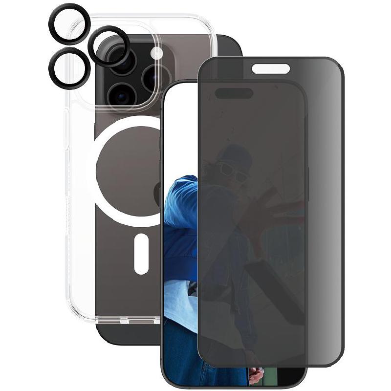 PanzerGlass 3-in-1 Pack Hard MagSafe Case + Privacy Screen Protector + Hoops Camera Lens Protector Smartphone Case Bundle, for iPhone 16 Pro Max, Clear