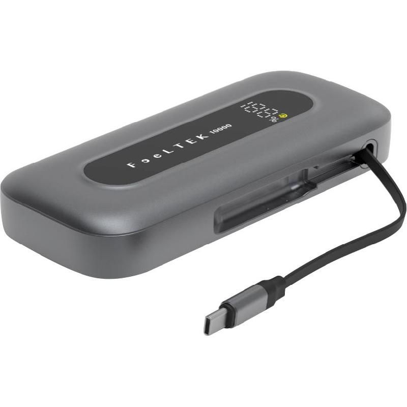 FeelTek Milli RV022A 22.5W Powerbank with Retractable USB-C Cable, PD Fast Charging, 10000 mAh, Dual USB (1X USB 2.0/1X USB-C), Grey