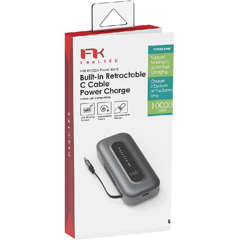 FeelTek Milli RV022A 22.5W Powerbank with Retractable USB-C Cable, PD Fast Charging, 10000 mAh, Dual USB (1X USB 2.0/1X USB-C), Grey — 3