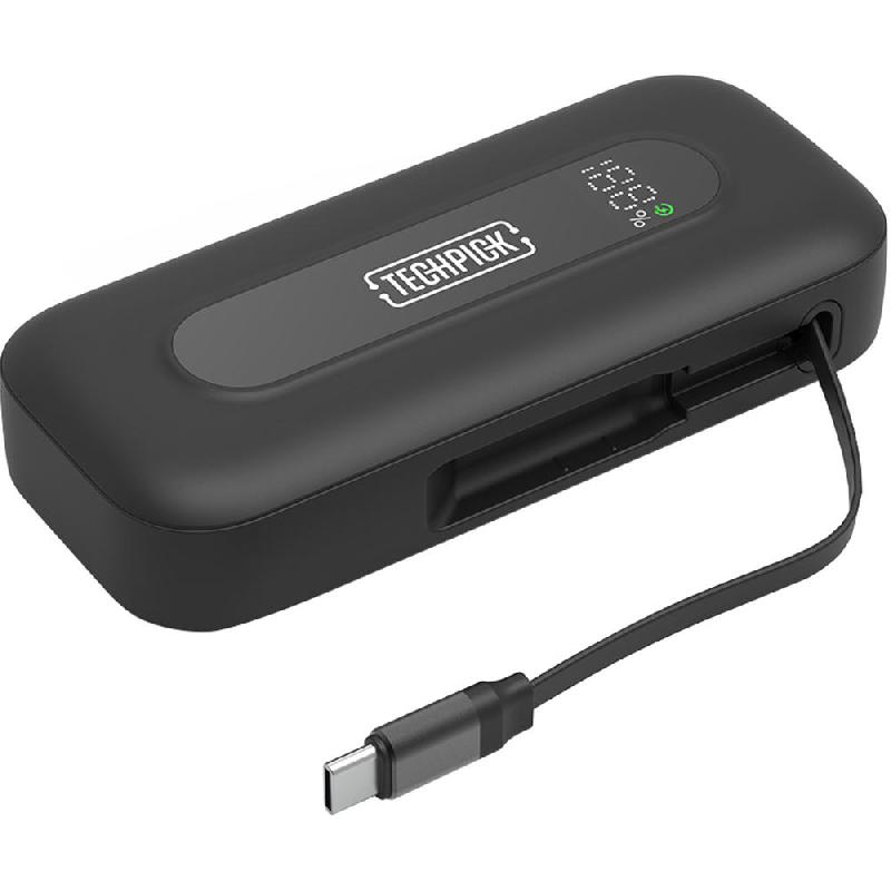 Techpick 30W Power Bank with Rectractable USB-C Cable, PD Fast Charging, 10000 mAh, Dual USB-C, Black