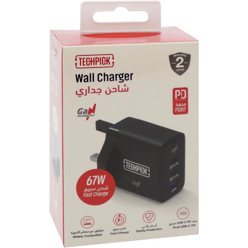 Techpick Wall Charger Dual USB-C PD + USB-A Wall Charger with PPS, USB PD (Power Delivery), 67 Watts, 3 USB (2X USB-C/1X USB), Black