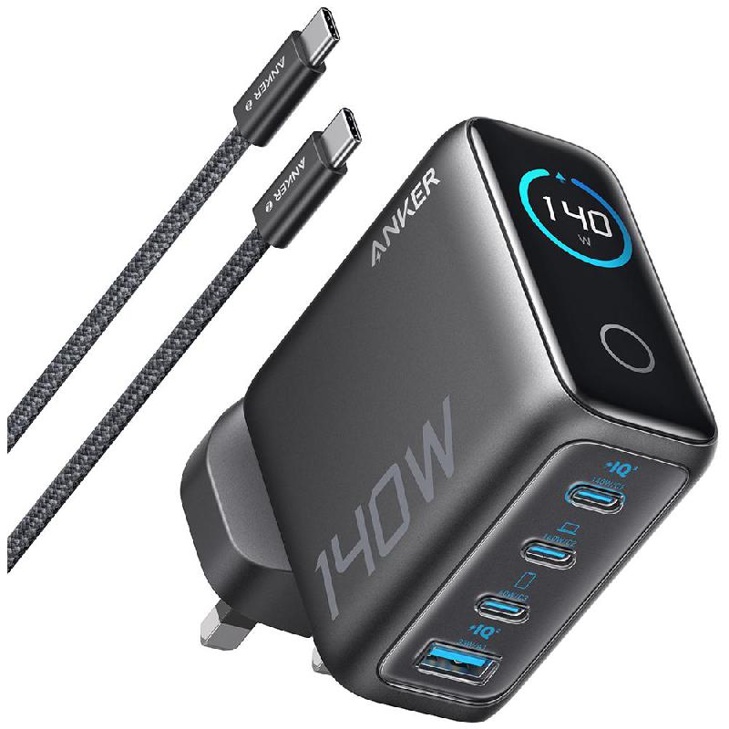 Anker Charger 140W 3X USB-C + 1X USB with Display, PD 3.1, 140 Watts, 4 USB (3X USB-C/1X USB), Black