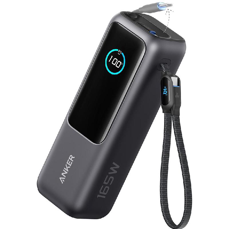 Anker Zolo Power Bank 25K, 165W, Built-In and Retractable Cables, PD Fast Charging, 25000 mAh, 4 Port, Grey