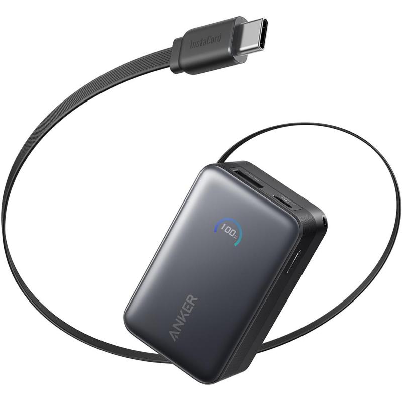 Anker Power Bank 45W, Built-In Rectractable USB-C Cable, 10000 mAh, Dual USB, Black
