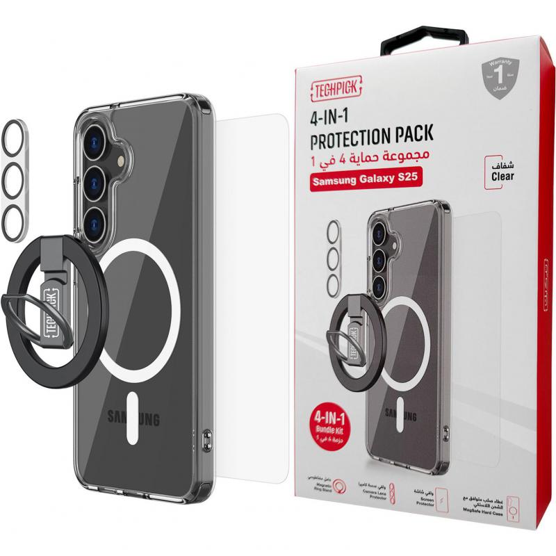 Techpick 4-in-1 Protection Pack MagSafe Hard Case + Tempered Glass + Camera Lens Protector + Magnetic Stand Smartphone Case Bundle, for Samsung Galaxy S25, Clear