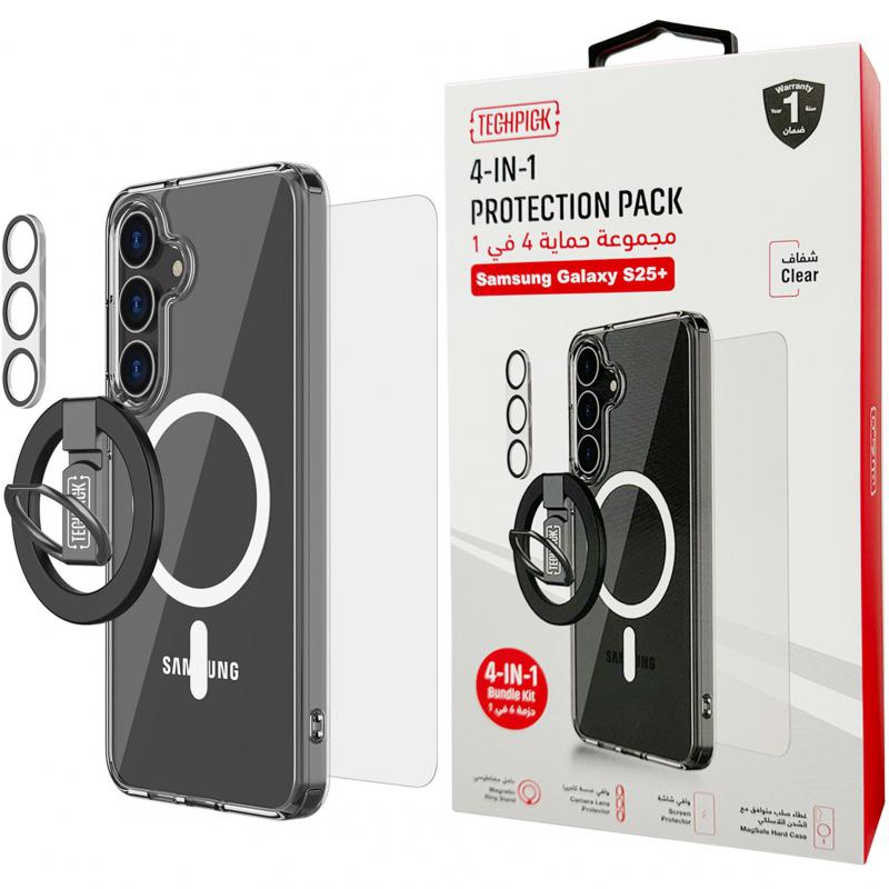 Techpick 4-in-1 Protection Pack MagSafe Hard Case + Tempered Glass + Camera Lens Protector + Magnetic Stand Smartphone Case Bundle, for Samsung Galaxy S25+, Clear