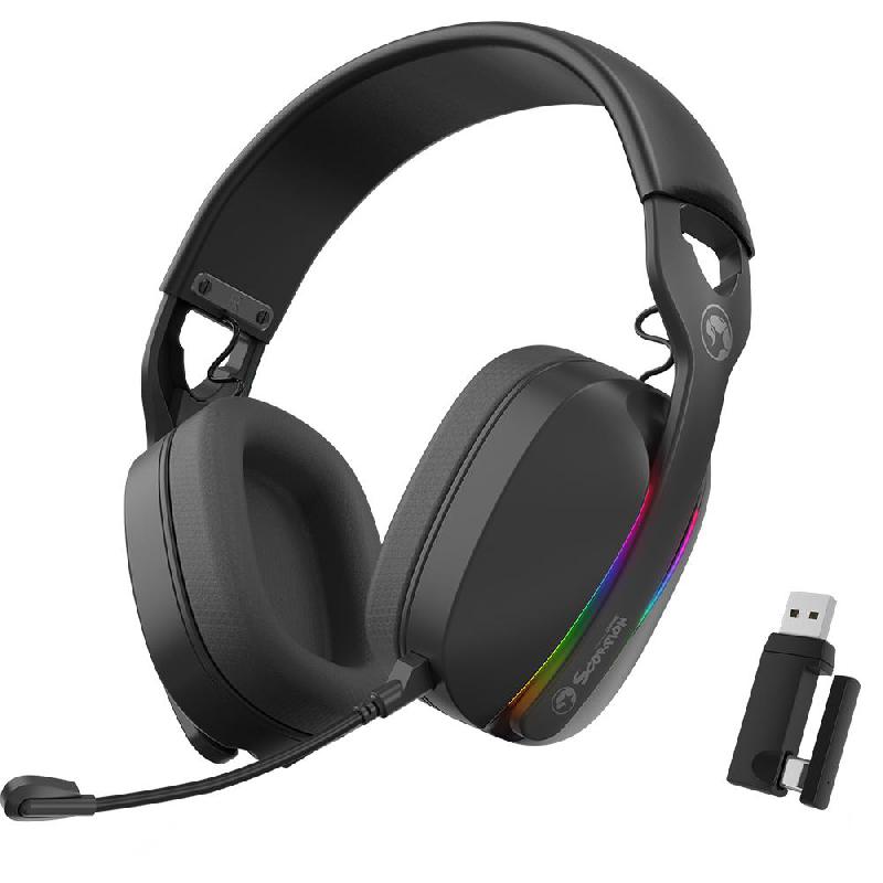 MARVO Pulz 70W Tri-Mode Wireless Gaming Headset, Wireless (2.4 GHz)/Bluetooth/Wired (3.5 mm), USB (Charging), Omnidirectional/Detachable Microphone, Black