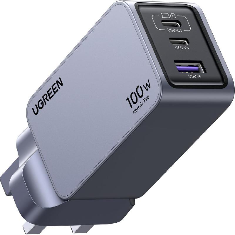 Ugreen Nexode Pro 100W 3-Port GaN Fast Charger, USB PD (Power Delivery), 100 Watts, 3 USB (2X USB-C/1X USB), Grey