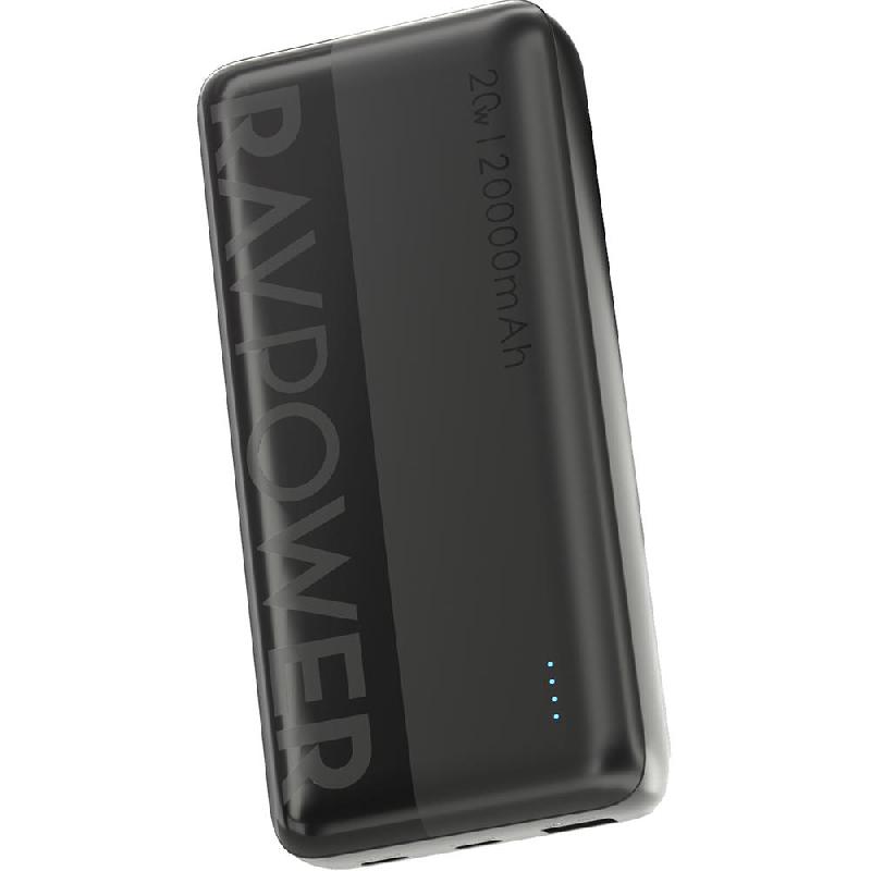RAVPower PD Pioneer 20W 20000 mAh Power Bank with LED Display, PD Fast Charging, 20000 mAh, 3 USB (1X USB/2X USB-C), Black
